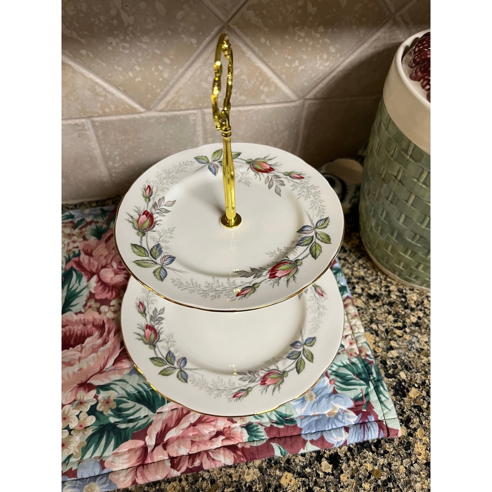 Vintage Paragon‎ Bridal Rose 2-Tier Tidbit Tray: Gold Trimmed Party Dish - Picture 7 of 10